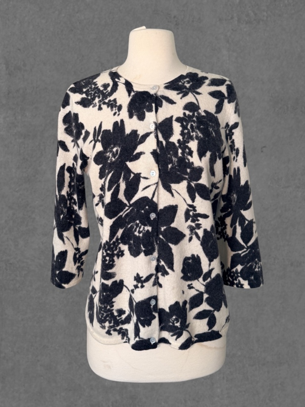 Susan Bristol Black and Cream Floral Button Cardigan (Lambs Wool & Angora)